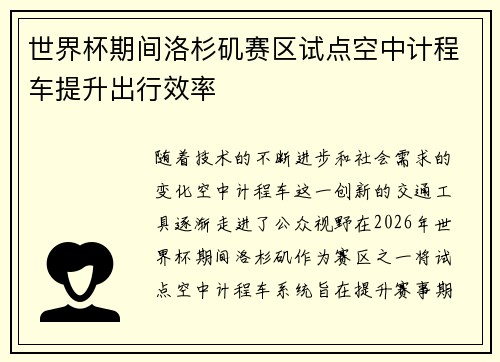 世界杯期间洛杉矶赛区试点空中计程车提升出行效率