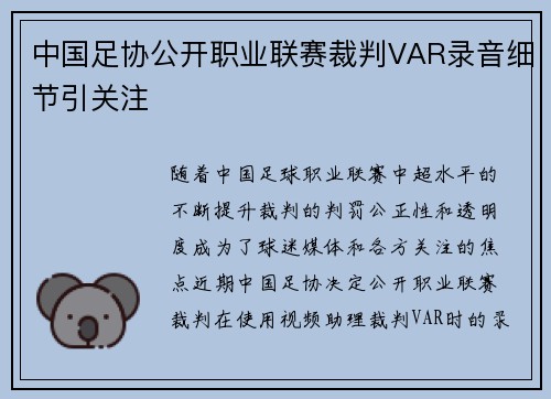 中国足协公开职业联赛裁判VAR录音细节引关注 中国足协公开职业联赛裁判VAR录音细节引关注